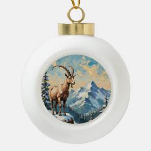 Vintage Bergziege auf bereiftem Weihnachtsgrat Keramik Kugel-Ornament