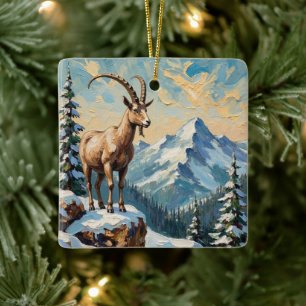 Vintage Bergziege auf bereiftem Weihnachtsgrat Keramikornament