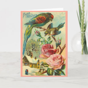 Vintage-Best-Wishes-Grußkarte mit Sittich und Rose Karte