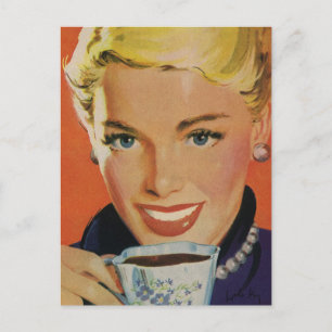 Vintage Beverages, Happy Woman with Cup of Coffee Postkarte
