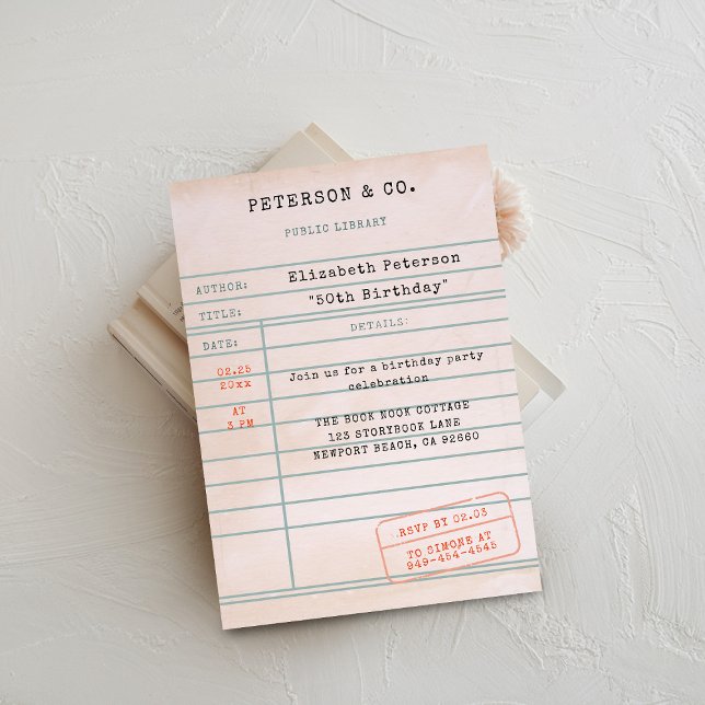 Vintage Bibliothek Einladung (book lover birthday party invitation library card vintage pink bookworm literary librarian type)