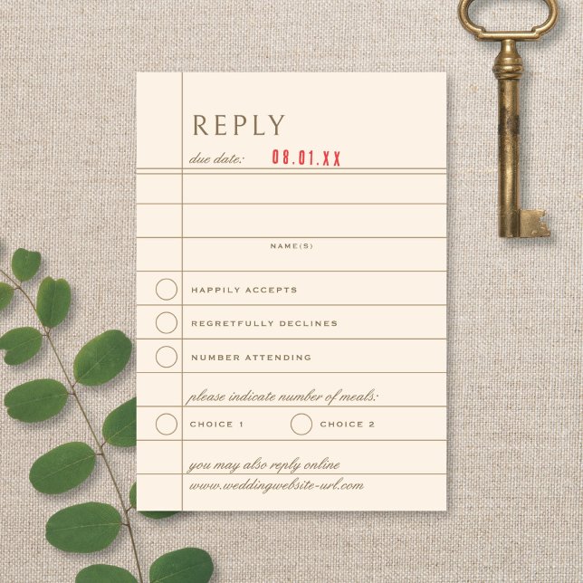 Vintage-Bibliotheksauschecken neutrale Hochzeitsan RSVP Karte (Von Creator hochgeladen)