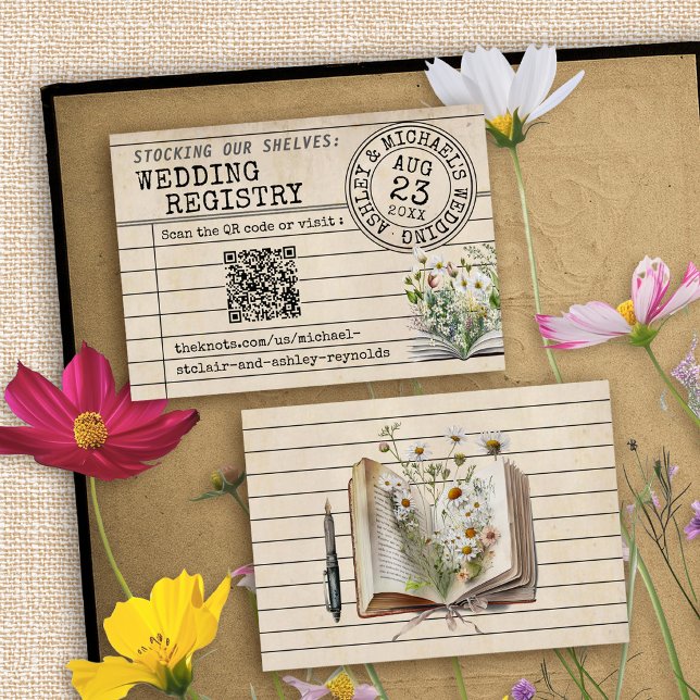 Vintage Bibliotheksbücher QR-Code Hochzeitsgeschen Begleitkarte (Vintage library card watercolor floral books bookish wedding invitation QR code registry insert card)