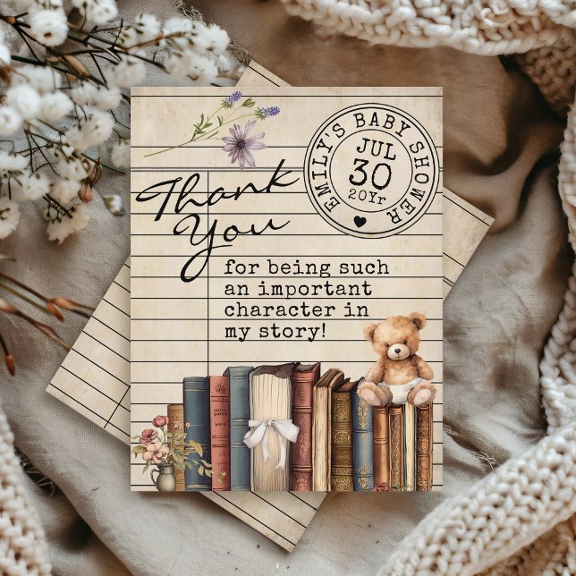 Vintage Bibliothekskarte Blumenbücher Bear Baby Du Dankeskarte (Cute vintage rustic library card watercolor books bow bear floral neutral baby shower thank you card)