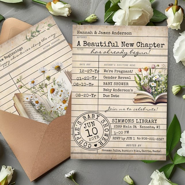 Vintage Bibliothekskarte Blumenbücher Niedliche Ba Einladung (A new chapter cute vintage floral library card book theme timeline couple's baby shower invitation)