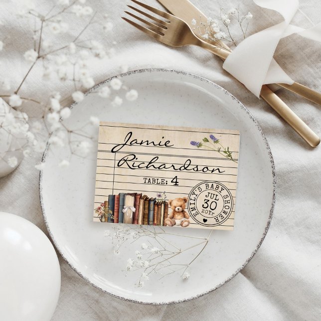 Vintage Bibliothekskarte Bücher Kinderdusche Platz Platzkarte (VIntage library card books bearly wait gender neutral boy girl baby shower table place name card)