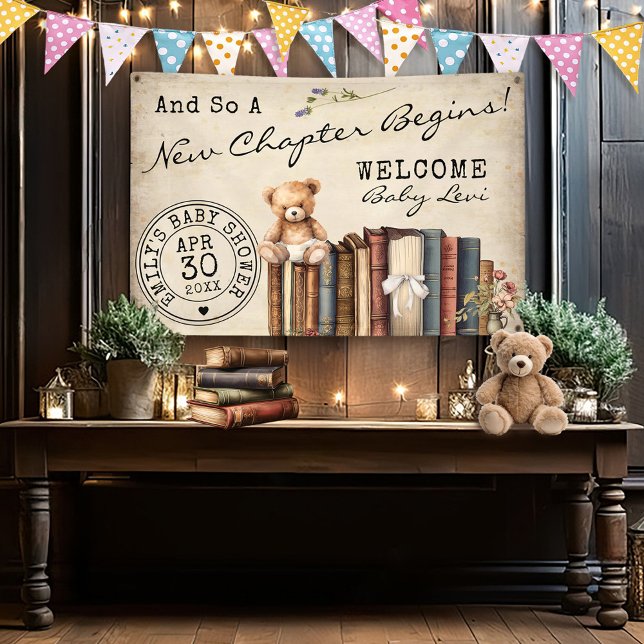 Vintage Bibliothekskarte Bücher Teddy Bear Baby Du Banner (New Chapter 4x6' vintage library card watercolor books teddy bear gender neutral baby shower banner)