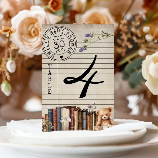 Vintage Bibliothekskarte bucht Babyduschkarte Tischnummer (Vintage library card watercolor book bow teddy bear gender neutral boy girl baby shower table number)