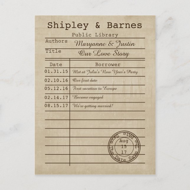 Vintage Bibliothekskarte Save the Date Ankündigungspostkarte (Vorderseite)