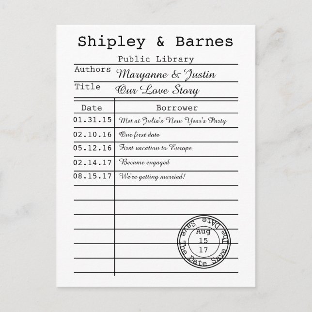 Vintage Bibliothekskarte Save the Date Ankündigungspostkarte (Vorderseite)