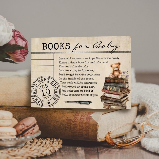 Vintage Bibliothekskartenblätter für Babykarten Begleitkarte (Vintage library card cute teddy bear book literary theme books for baby shower poem insert card)