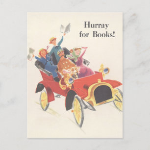 Vintage-Bibliotheksplakat "Hurra für Bücher" Postk Postkarte