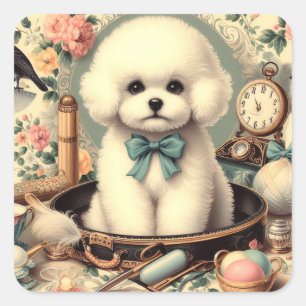 Vintage-Bichon-Frisé-Gemälde Quadratischer Aufkleber