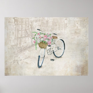 Vintage bicycles with roses basket poster