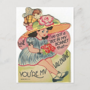Vintage Biene in ihrem Bonnet Valentine Postkarte
