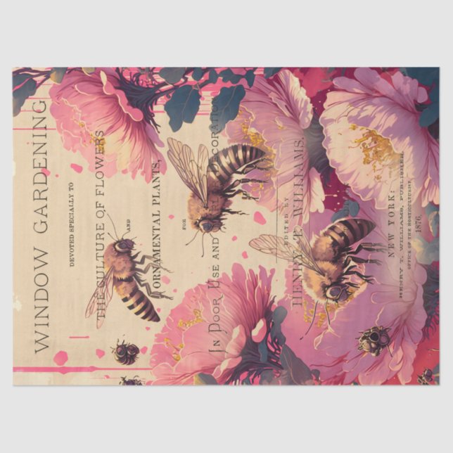 Vintage Biene Rose Bouquet Ephemera Dekoupage Tiss Seidenpapier (Vorderseite)