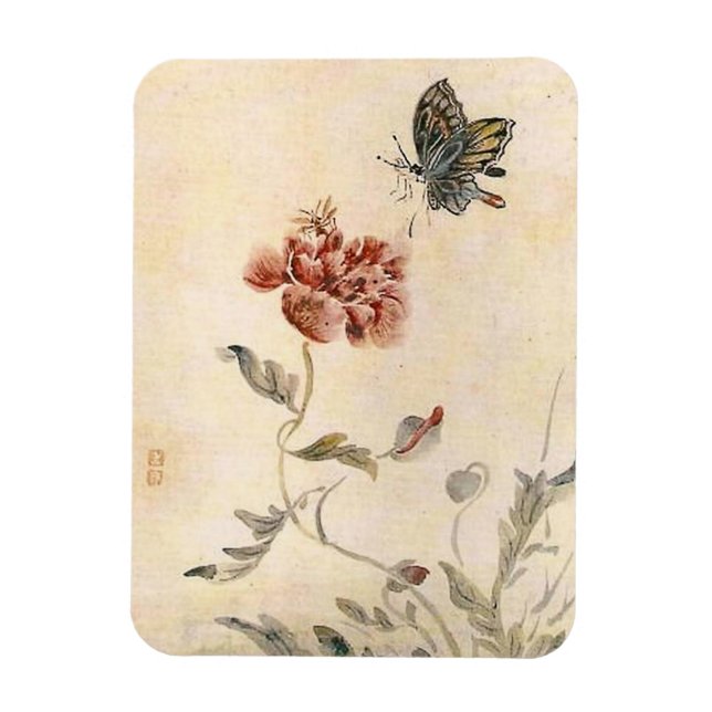Vintage Biene, Schmetterling und Mohn Wasserfarbe Magnet (Vertikal)