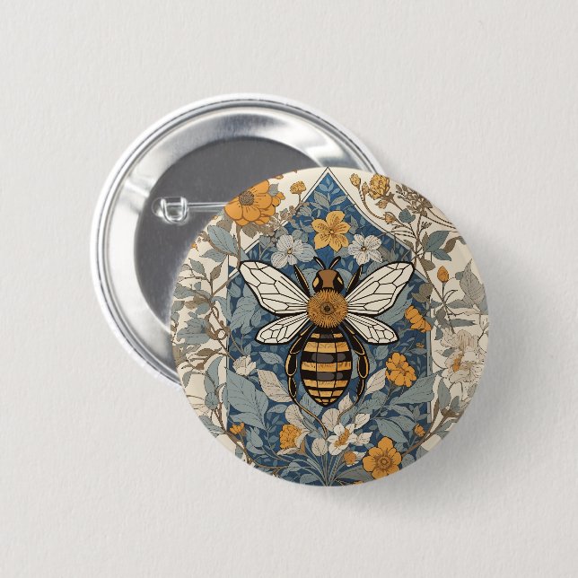 Vintage Biene und wilde Blumen Button (Vorne & Hinten)