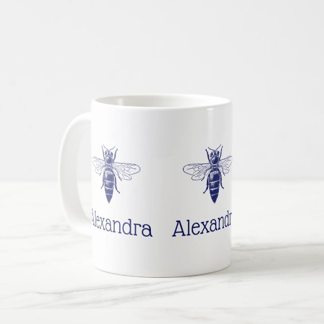 Vintage Biene Zeichne in Blau Kaffeetasse (Vorderseite Links)