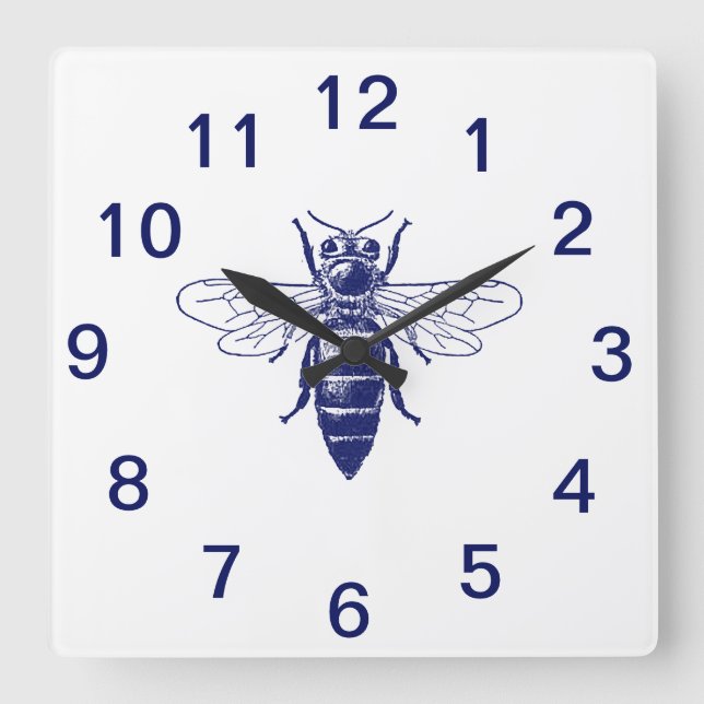 Vintage Biene Zeichne in Blau Quadratische Wanduhr (Vorderseite)
