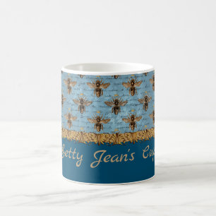 Vintage Bienen auf blauem Damast mit Handschrift Kaffeetasse