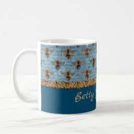 Vintage Bienen auf blauem Damast mit Handschrift Kaffeetasse