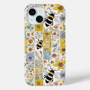Vintage-Bienen-Blumen-Patchwork in Blau und Gelb Case-Mate iPhone Hülle