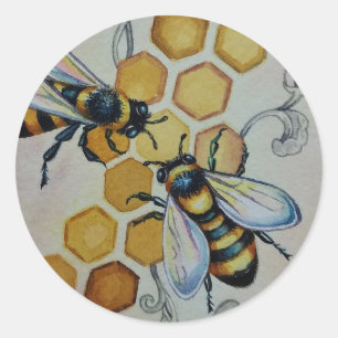 Vintage Bienen Nr. 5 Honeycomb Wasserfarbe Kunst Runder Aufkleber
