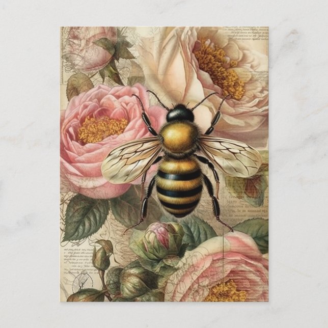 Vintage Bienen und Rosen Postkarte (Vorderseite)