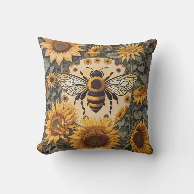 Vintage Bienen und Sonnenblumen Kissen (Vorderseite)