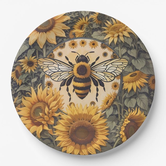Vintage Bienen und Sonnenblumen Pappteller (Vorderseite)