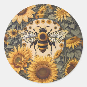 Vintage Bienen und Sonnenblumen Runder Aufkleber