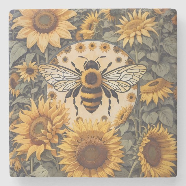 Vintage Bienen und Sonnenblumen Steinuntersetzer (Vorderseite)