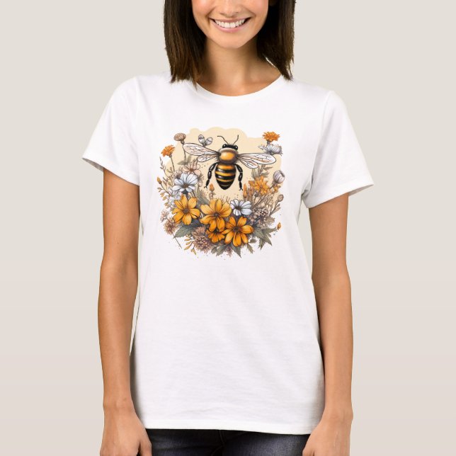 Vintage Bienen und wild lebende Blume T - Shirt (Vorderseite)