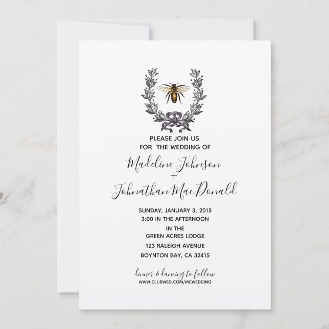Vintage Bienenart GARDEN WEDDING Pflaume Einladung (Vorderseite)