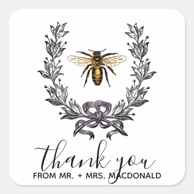 Vintage Bienenart SPRING GARDEN WEDDING zugunsten Quadratischer Aufkleber (Vorderseite)