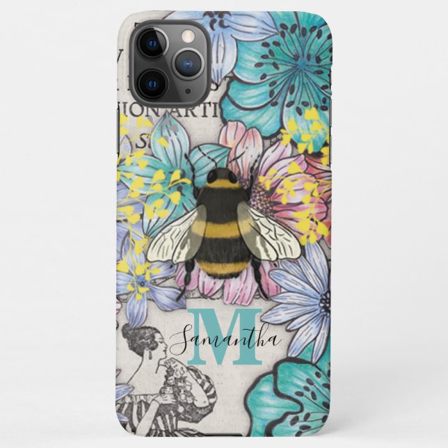 Vintage Bienenfloral-Monogramm iPhone Hülle (Rückseite)