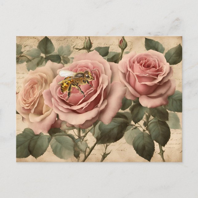 Vintage Bienenrosen-Decoupage Postkarte (Vorderseite)
