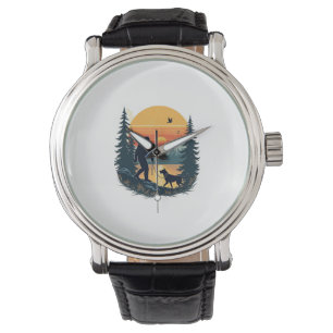 Vintage Bigfoot gehender Hund Berg Sonnenuntergang Armbanduhr