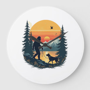 Vintage Bigfoot gehender Hund Berg Sonnenuntergang Große Wanduhr