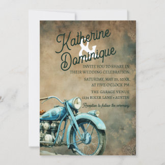 Vintage-Biker-Hochzeitsmotorrad Blau Einladung