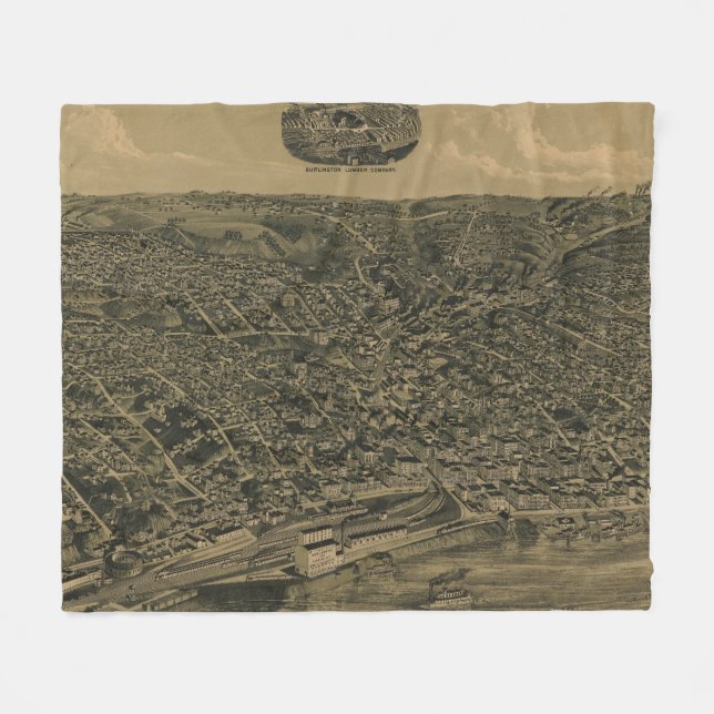 Vintage bildhafte Karte von Burlington Iowa (1889) Fleecedecke (Vorderseite (Horizontal))