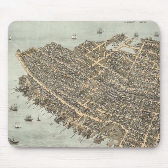 Vintage bildhafte Karte von Charleston (1872) Mousepad (Vorne)