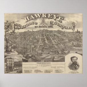 Vintage bildhafte Karte von Des Moines Iowa (1875) Poster
