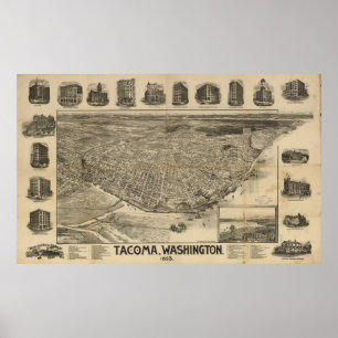 Vintage bildhafte Karte von Tacoma WA (1893) Poster