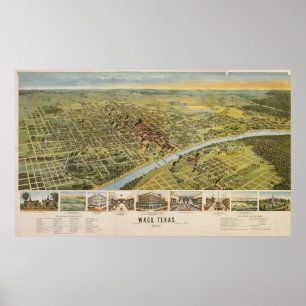 Vintage bildhafte Karte von Waco Texas (1892) Poster