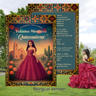 Vintage-Bilingual-Quinceañera-15.-rotes Kleid Einladung