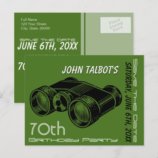 Vintage Binokulare 70. Geburtstag Save the Date Ankündigungspostkarte (Vorne/Hinten)