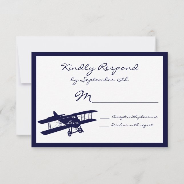 Vintage Biplane Aviator Blue Wedding RSVP Cards (Vorderseite)