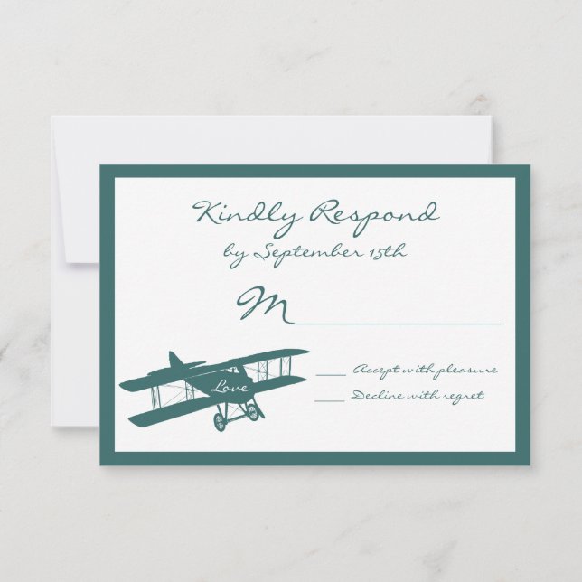 Vintage Biplane Aviator Blue Wedding RSVP Cards (Vorderseite)